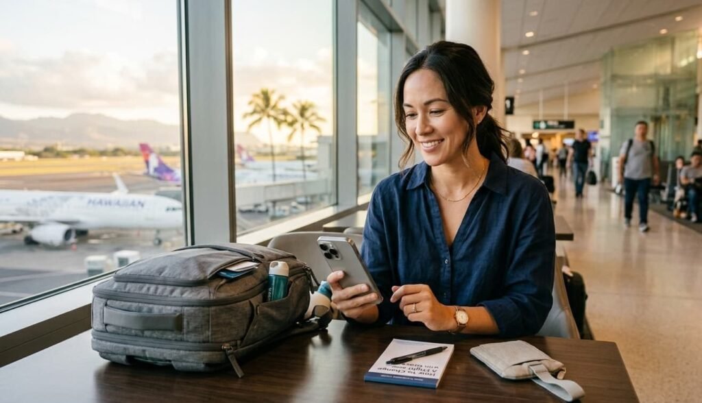 A woman smiling while using her smartphone at an airport terminal table with a gray travel backpack and a notebook labeled "How to Change a Flight."