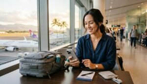 A woman smiling while using her smartphone at an airport terminal table with a gray travel backpack and a notebook labeled "How to Change a Flight."