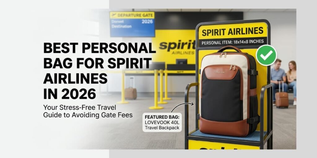 LOVEVOOK 40L travel backpack in brown and black inside a Spirit Airlines personal item sizer at an airport gate, illustrating the best personal bag for Spirit Airlines in 2026.
