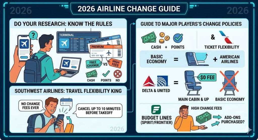 An infographic titled "2026 Airline Change Guide" comparing flight change policies for major and budget airlines, including rules for Southwest, Delta, United, and American Airlines.