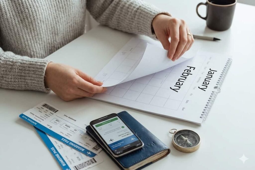Close-up of hands flipping a desk calendar from January to February, surrounded by travel essentials like boarding passes, a passport with a smartphone on top, a compass, and a coffee mug.
