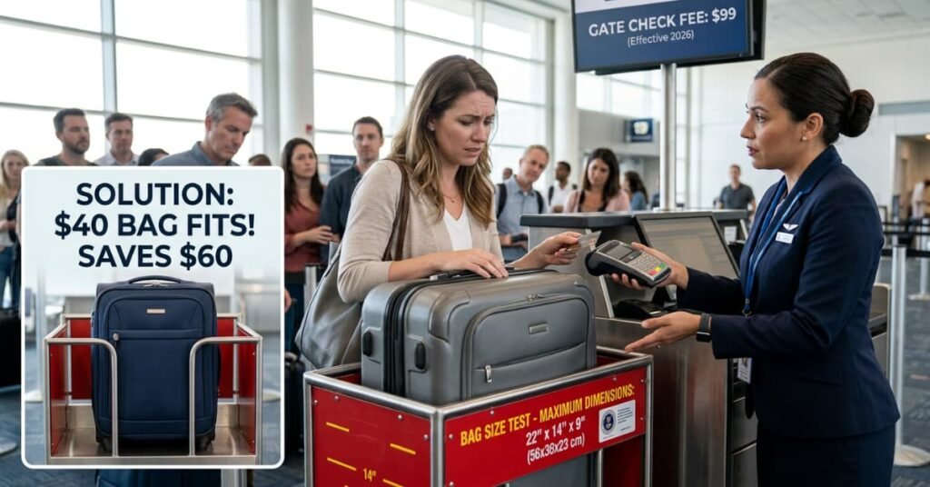 A passenger looking stressed as a gate agent points to a oversized suitcase in a bag sizer, contrasted with a blue backpack fitting perfectly.
