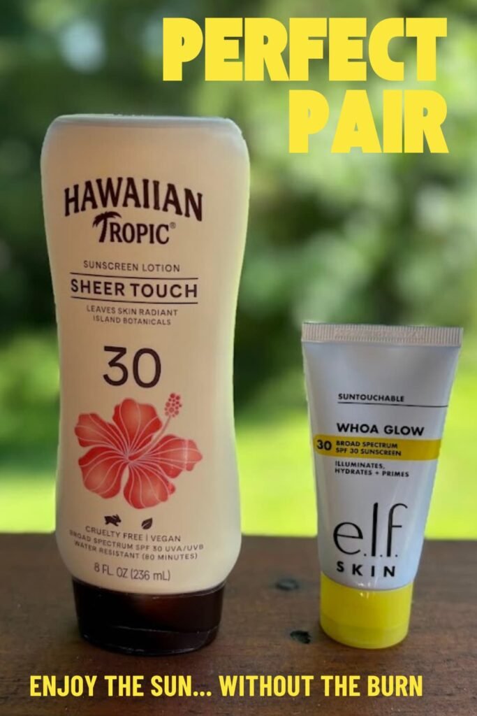 perfect pair, Hawaiian tropic 30 SPF and e.l.f. SKIN Suntouchable! Whoa Glow SPF 30 a perfect summer pair. best sunscreen for beach vacation