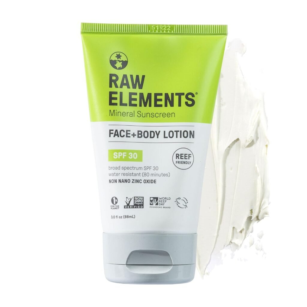 A 3 oz tube of Raw Elements Mineral Sunscreen for face and body next to a smear of white, non-nano zinc oxide cream.