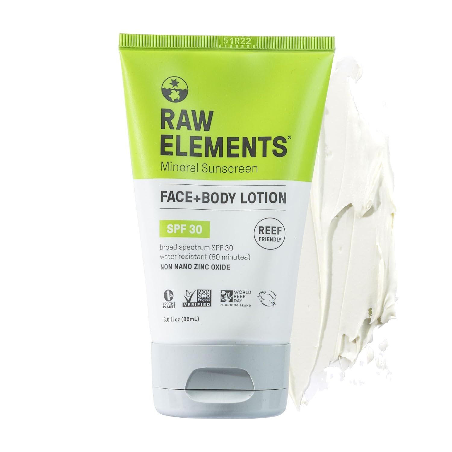 A 3 oz tube of Raw Elements Mineral Sunscreen for face and body next to a smear of white, non-nano zinc oxide cream.