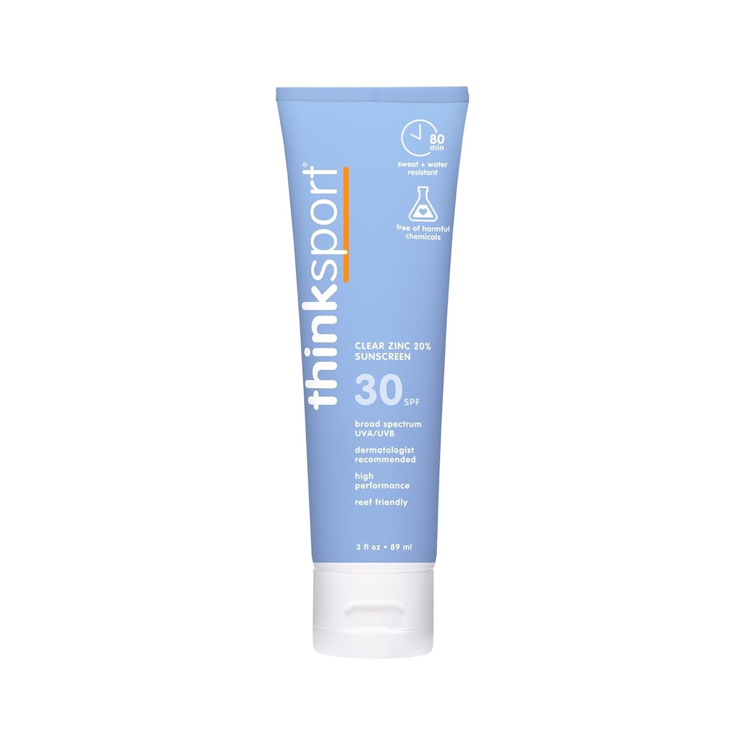 A 3 fl oz (89 ml) light blue tube of Thinksport Clear Zinc 20% Sunscreen SPF 30. The tube features white and orange text and icons indicating it is reef-friendly, water-resistant for 80 minutes, and dermatologist recommended.