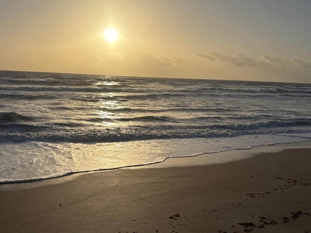 A wide-angle view of a golden sunrise over the Atlantic Ocean at New Smyrna Beach, with gentle waves crashing on a sandy shore and long sunbeams reflecting on the wet sand.