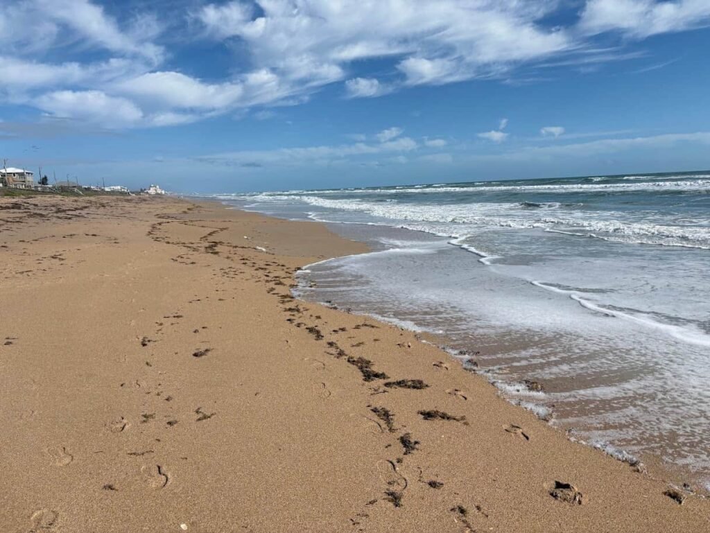 A wide-angle view of a golden sunrise over the Atlantic Ocean at New Smyrna Beach, with gentle waves crashing on a sandy shore and long sunbeams reflecting on the wet sand.