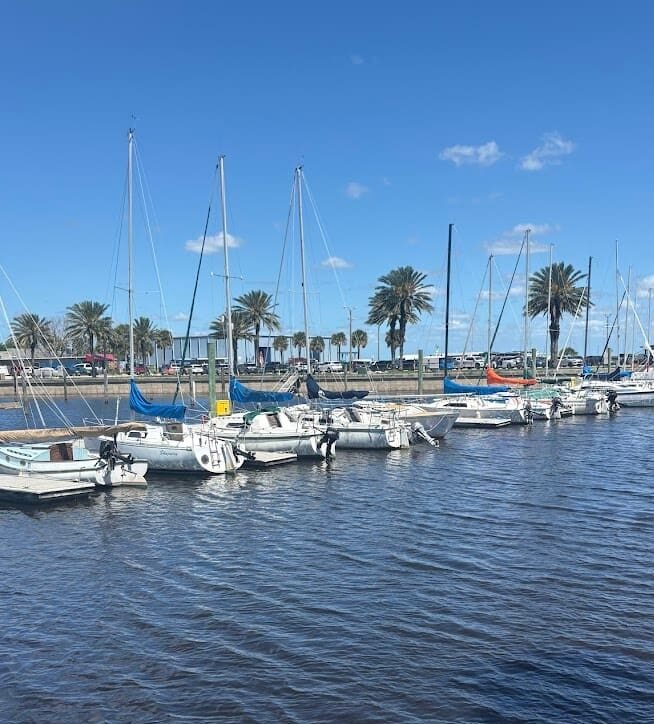 A line of small white sailboats with colorful blue and orange sail covers docked at a wooden pier in the calm blue water of the New Smyrna Beach city marina, under a clear sky with palm trees in the background.