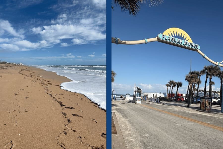 A wide-angle view of a golden sunrise over the Atlantic Ocean at New Smyrna Beach, with gentle waves crashing on a sandy shore littered with sea kelp.