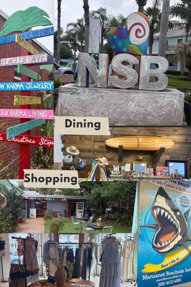 A collage of Flagler Avenue in New Smyrna Beach featuring a colorful directional signpost, an "I Love NSB" statue, boutique interiors with beachy clothing, an outdoor patio at Charmed by the Sea, and a shark-themed mural for Manzano's Beachside Deli.