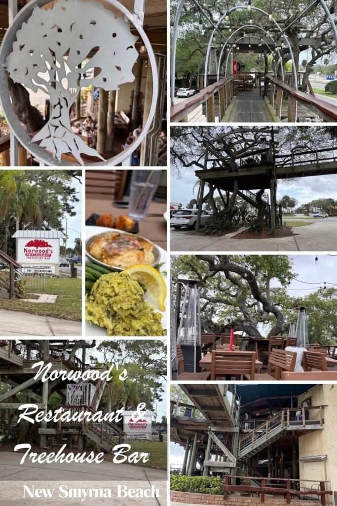 A collage of photos showing Norwood's Treehouse Bar in New Smyrna Beach. Images include the wooden treehouse structure, outdoor seating with string lights, a metal tree-shaped logo, and a plate of stuffed haddock with green beans and rice.