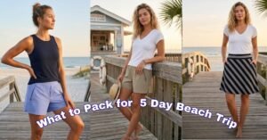 Three women modeling a versatile 5-day beach packing list featuring the CityZen Florencia navy tank, white v-neck shirt with khaki shorts, and a striped skirt.
