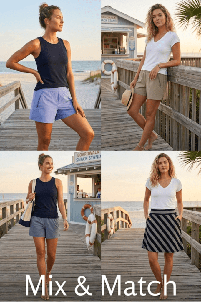 A four-panel collage showing a woman modeling different summer outfit combinations on a wooden beach boardwalk. She wears variations of navy ribbed tank tops, white v-neck t-shirts, light blue athletic shorts, khaki shorts, and a navy and grey diagonal striped skirt. The background features a sandy beach and a "Boardwalk Snack Stand."
