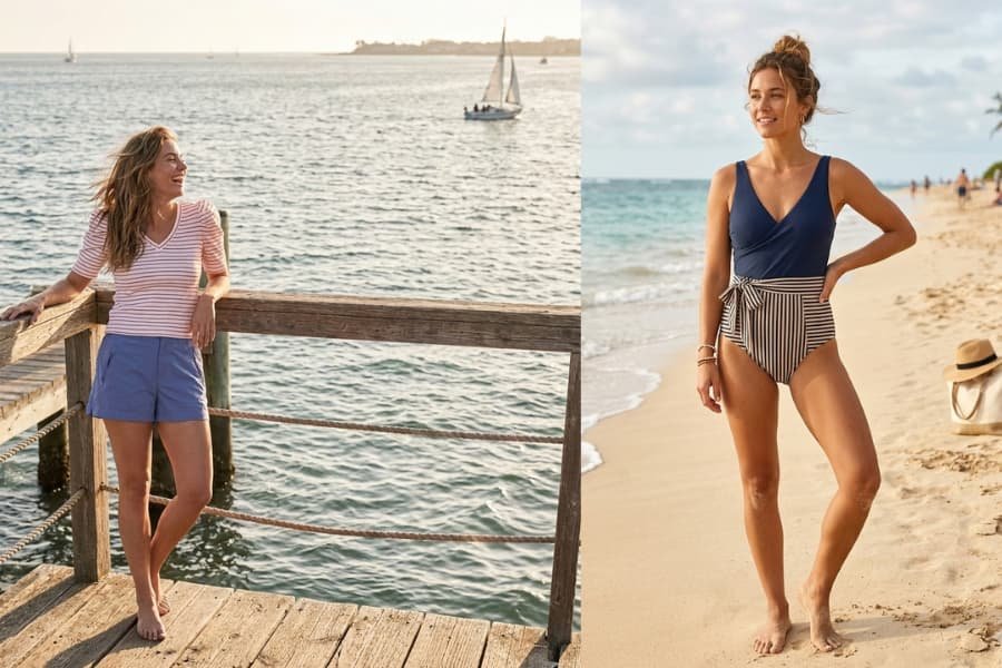 what I packed for my Beach vacation, shorts and stripped shirt, 3 piece swim wear