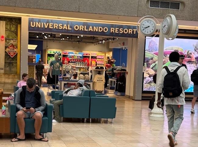 A view of the Universal Orlando Resort store entrance inside the Orlando International Airport terminal. Travelers are seated in lounge chairs nearby, illustrating the atmosphere when you fly to Florida on a budget and land at MCO.