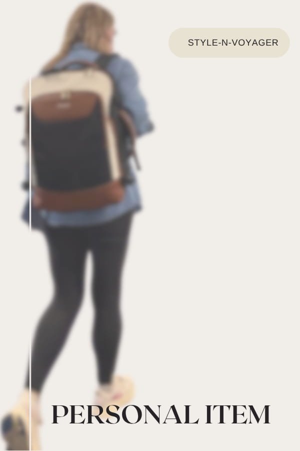 A woman walking away from the camera wearing a black and tan LOVEVOOK 40L backpack. The text "PERSONAL ITEM" is at the bottom, highlighting how to fly to Florida on a budget without paying for carry-on luggage.
