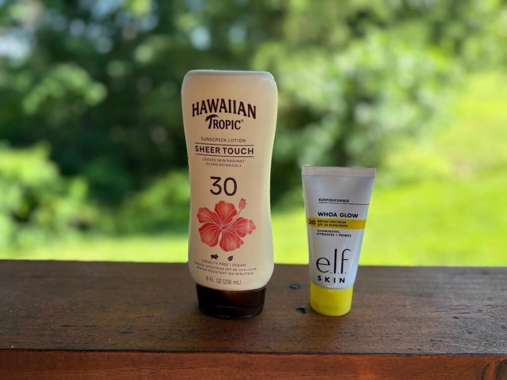 Hawaiian Tropic sunscreen 30 SPF and ELF WOA Glow sunscreen 30 spf