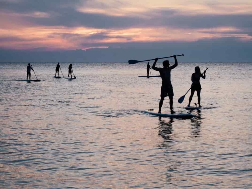 Silhouettes of a group of people stand-up paddleboarding on a calm ocean or lake during a soft pink and purple sunset, with one man lifting his paddle over his head in celebration.