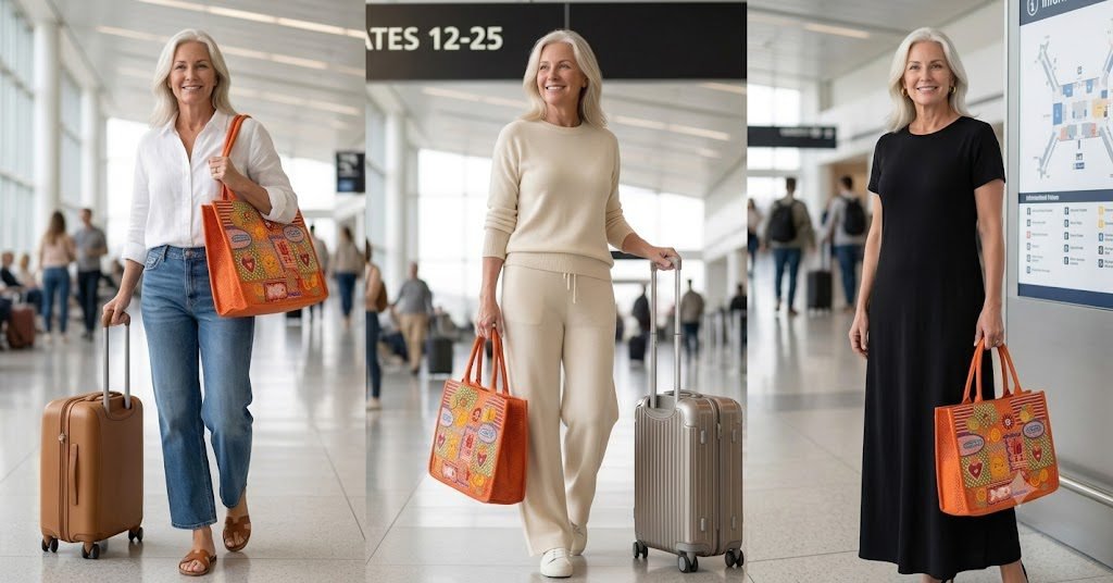 A three-panel fashion grid showing a woman styling a vibrant orange beaded summer bag for casual boardwalk wear, airport travel, and a beachside dinner.