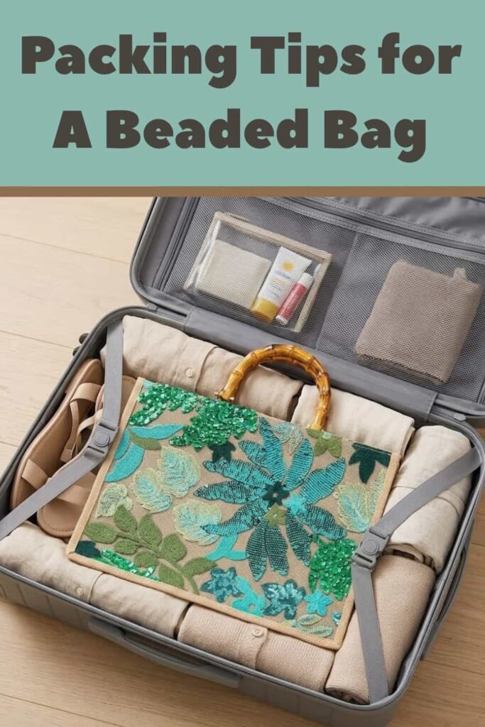 An open carry-on suitcase neatly packed with neutral linen clothing, featuring a green floral sequence-beaded tote bag with bamboo handles laid flat on top to protect the intricate details.