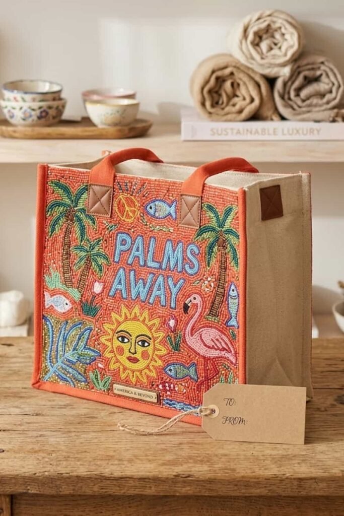 A vibrant orange, highly detailed beaded tote bag featuring embroidered text that reads "PALMS AWAY" is shown standing upright on a rustic wooden table. The intricate beadwork includes palm trees, a large stylized sun, flamingos, and fish in hues of blue, green, yellow, and coral. The bag has sturdy canvas handles with brown leather accents and a clean beige canvas side panel. A kraft paper gift tag is attached by twine.