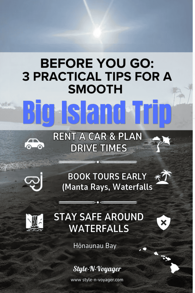 Pinterest graphic and travel guide for practical tips on visiting Hawaii's Big Island, featuring a scenic sunny beach view.