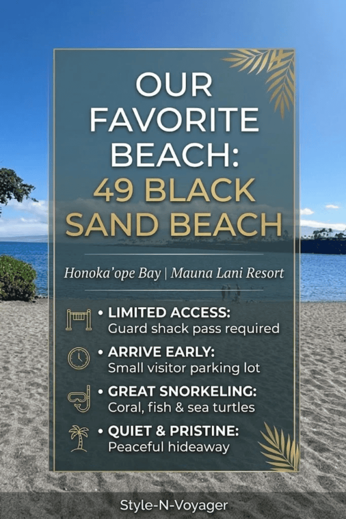 Pinterest pin graphic featuring 49 Black Sand Beach (Honokaʻope Bay) on Hawaii's Big Island with access tips, parking details, and snorkeling highlights.