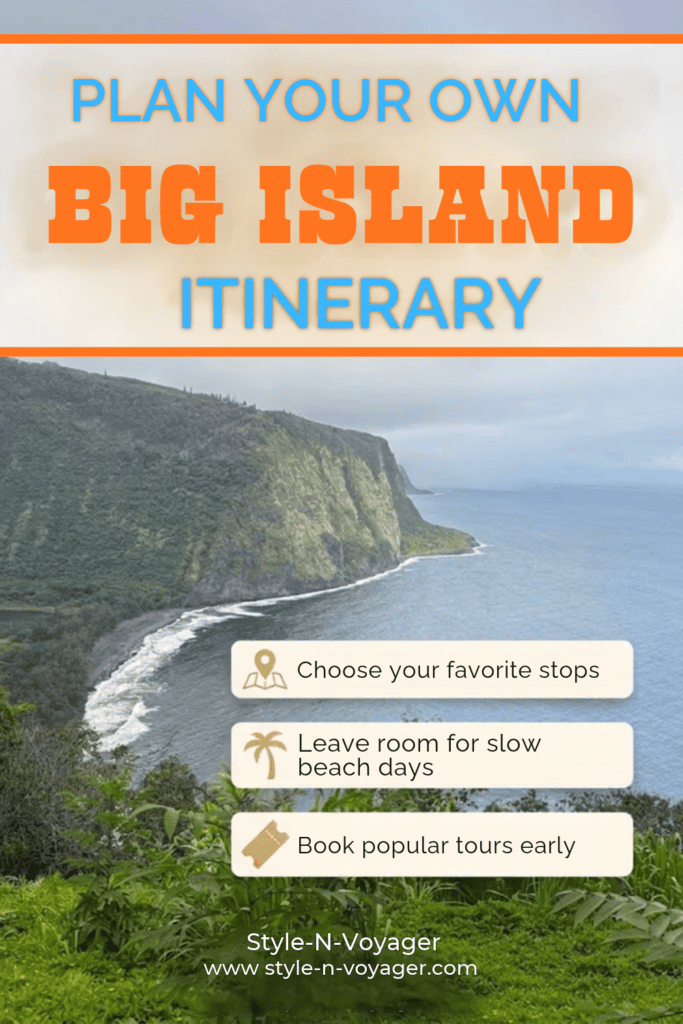 Pinterest pin graphic featuring the scenic lookout over Waipiʻo Valley on Hawaii's Big Island, encouraging readers to plan their own customized Big Island travel itinerary