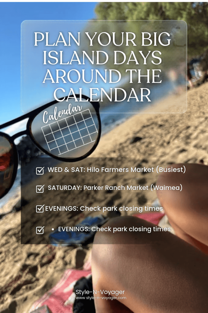 Pinterest graphic for Big Island Hawaii itinerary planning with text "Plan Your Big Island Days Around the Calendar" and a checklist of activities by day.
