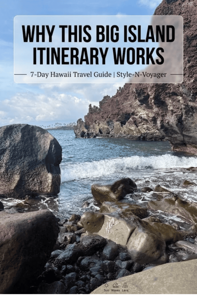Pinterest graphic featuring a dramatic volcanic rock coastline and crashing waves with the text "Why This Big Island Itinerary Works".