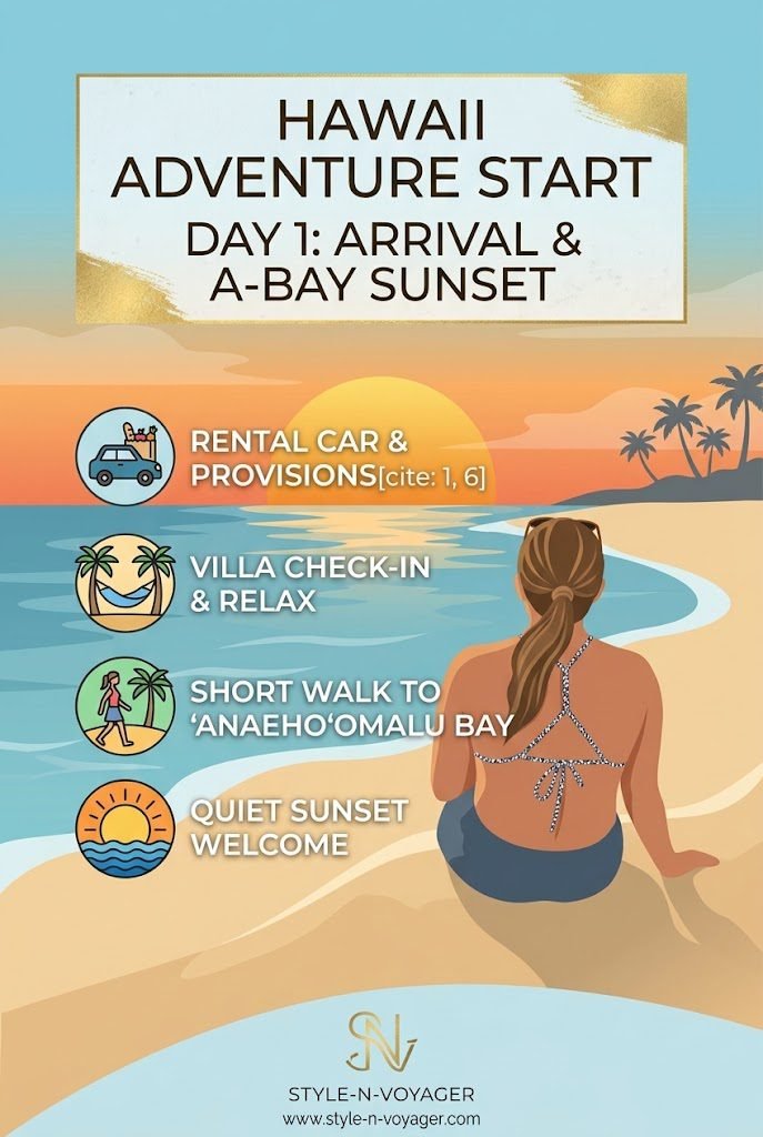 Pinterest pin graphic displaying a Hawaii carry-on packing guide with items like walking shoes, sandals, and a GoPro laid out on a bed.