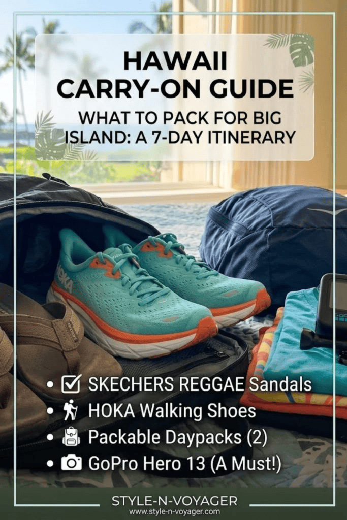 Pinterest pin graphic displaying a Hawaii carry-on packing guide with items like walking shoes, sandals, and a GoPro laid out on a bed.