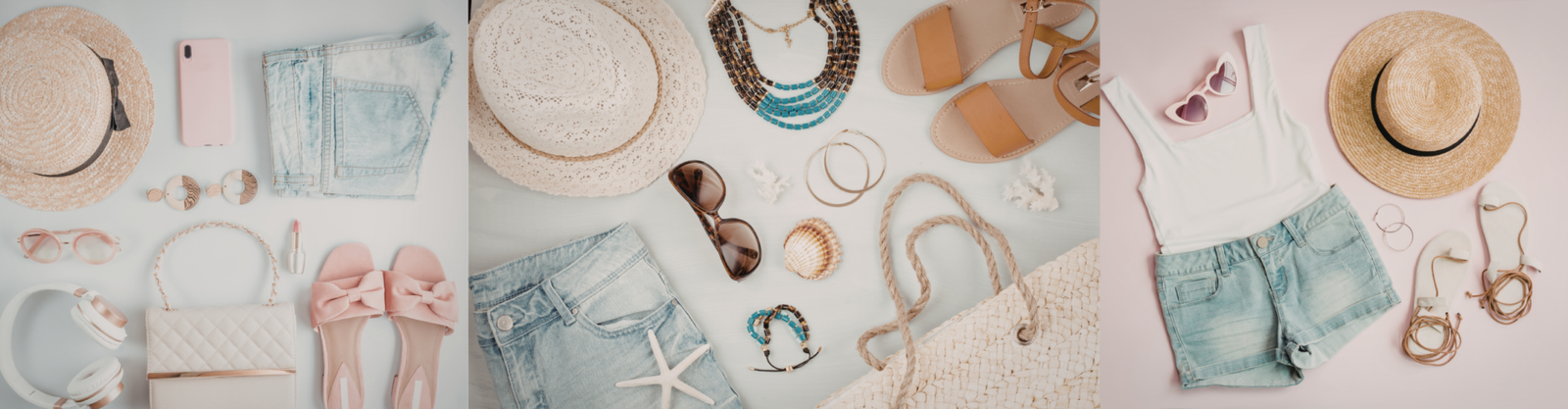 Flat lay of women's summer vacation essentials, including straw hats, denim shorts, sandals, sunglasses, jewelry, and bags.Travel Style and Fashion work together to bring stress free travel.